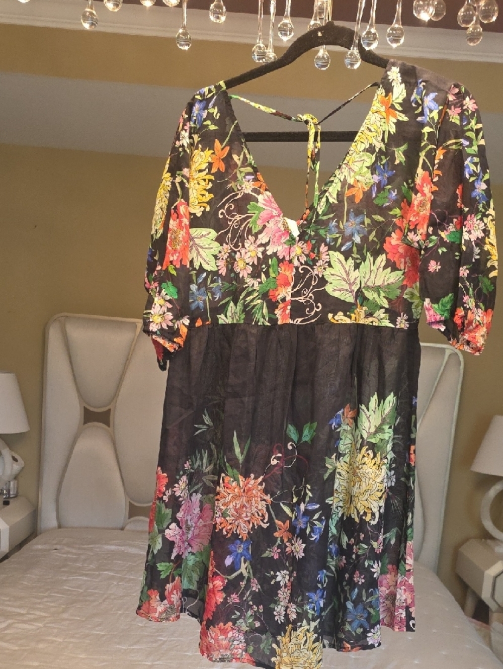 Johnny Was Metalli Note A-Line Black Swing Mini Dress with Multicolor Blooms XS - Picture 7 of 15
